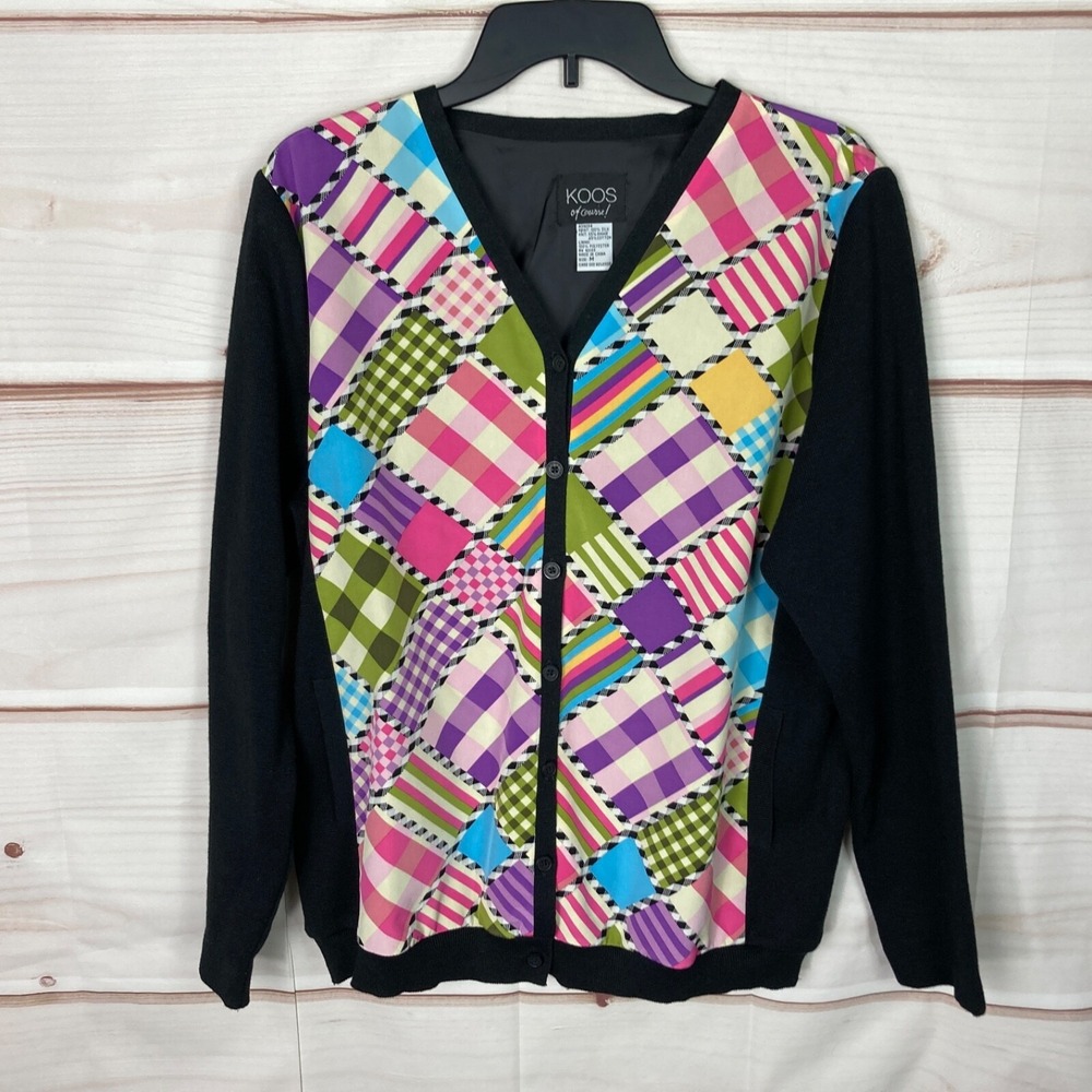 Koos Of Course Sweater Womens M Black Silk Cardigan Geometric V-Neck Long Sleeve